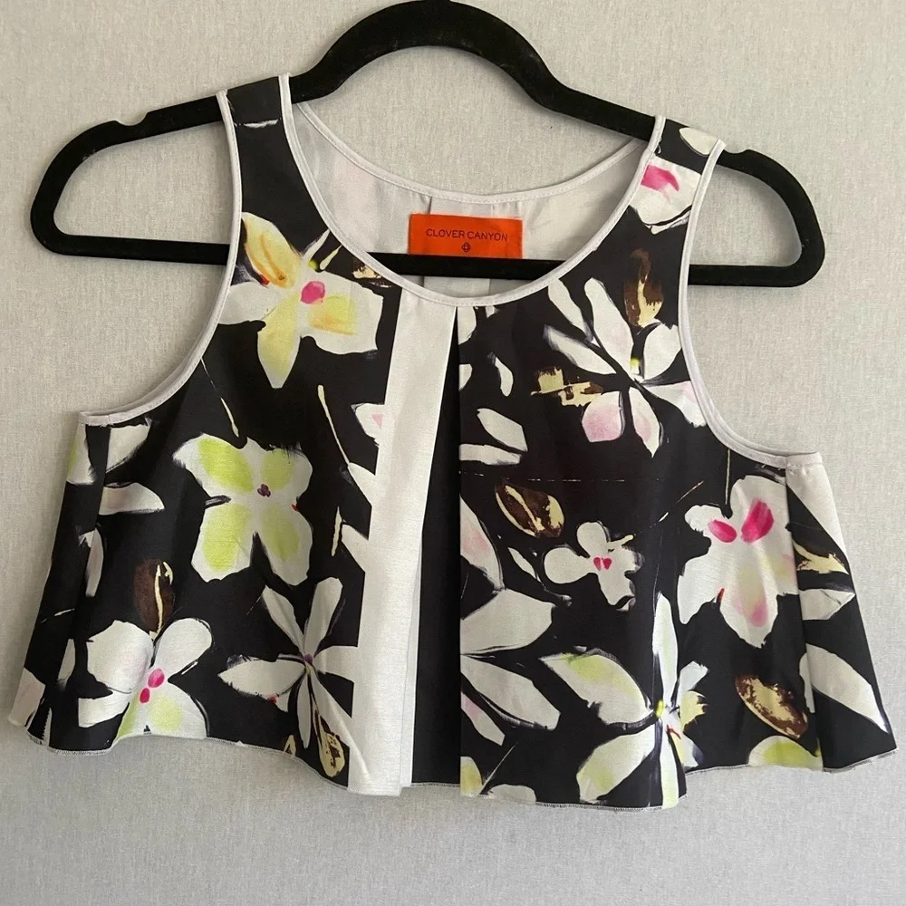 Clover Canyon Garden floral  Plaid pleated cropped sleeveless tank blouse Sz XS